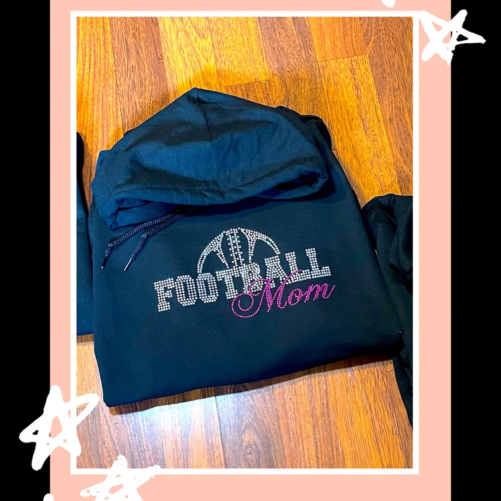 New custom Football Mom bling hoodie. Unisex in size large, black in color.